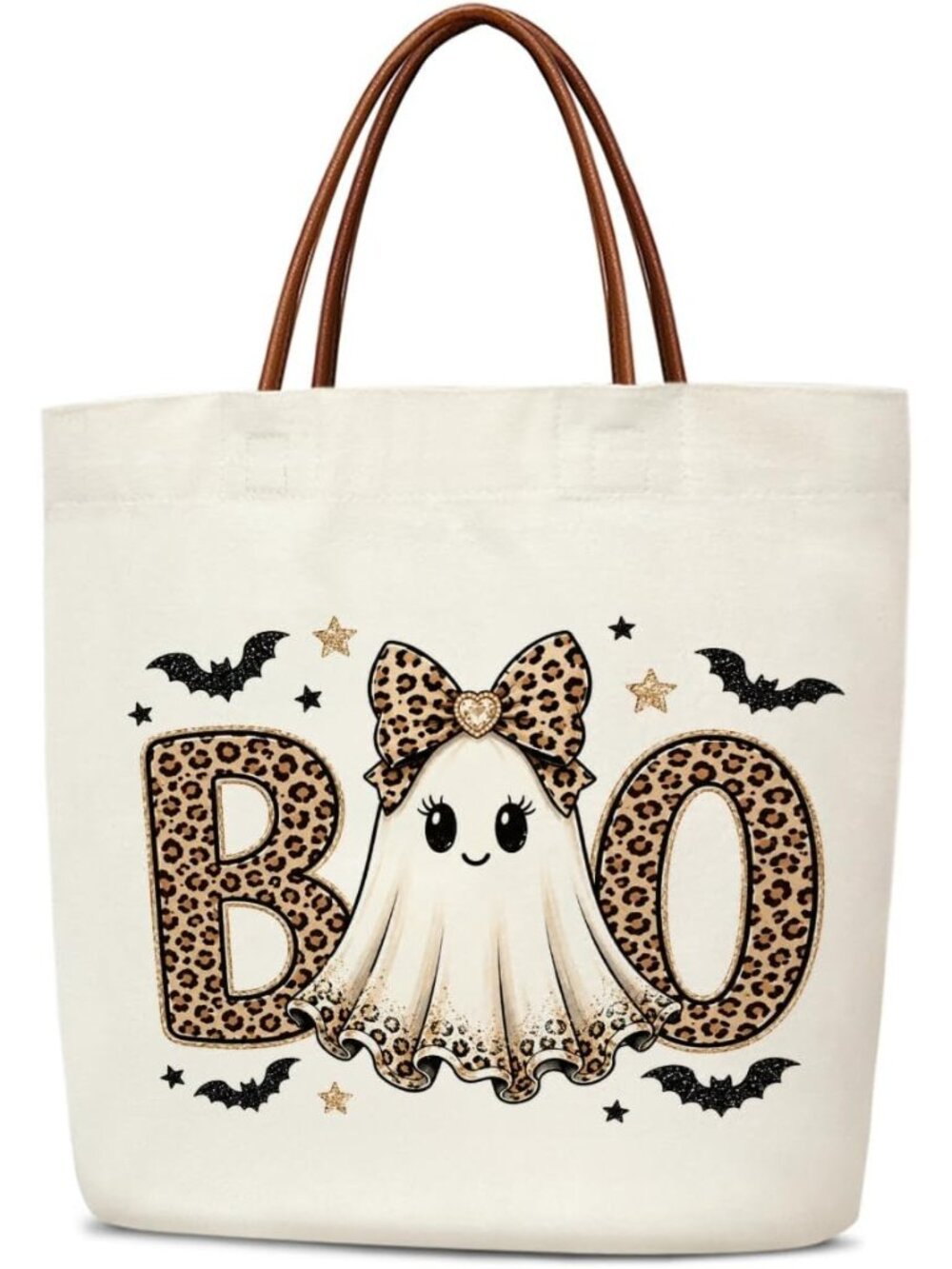 〽️Women's Cream Halloween Reusable Canvas Leather Handles Grocery Tote Gift Bag